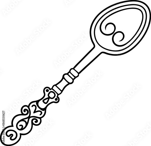 ornate vintage spoon with decorative swirling patterns and elegant handle design