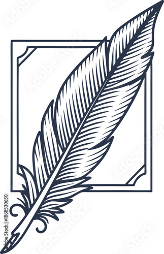Vintage quill pen and paper sheet illustration with ornate feather detail