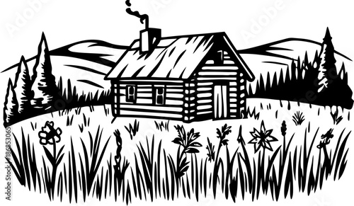 rustic log cabin surrounded by tall grass and wildflowers in mountain landscape with pine trees