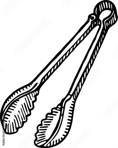 Metal kitchen tongs with scalloped edges for serving and cooking food utensil illustration