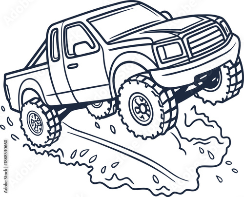 Off road pickup truck climbing hill with mud splash illustration