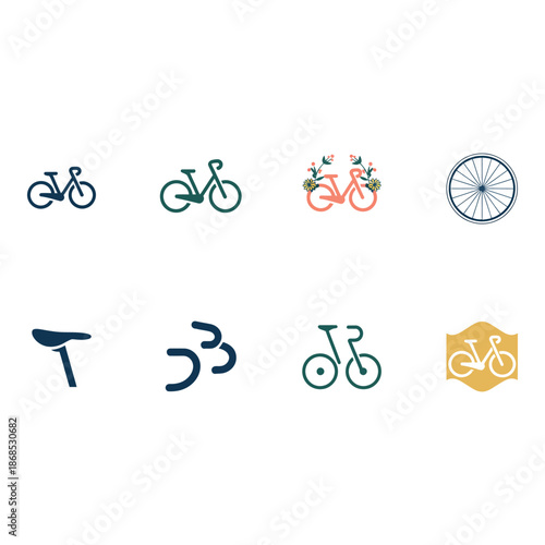 Collection of various bicycle icons in different designs and colors