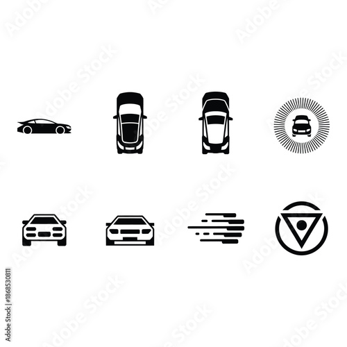 Collection of various car icons in black and white