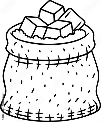 Bag filled with sugar cubes illustration, burlap sack with white sugar blocks inside