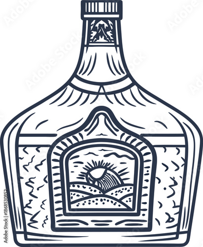 Intricate hand drawn bottle with a scenic sun and landscape label illustration