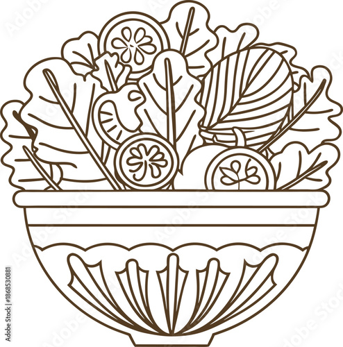 Bowl of fresh salad with leafy greens, tomatoes, mushrooms, and cucumbers in decorative dish outline