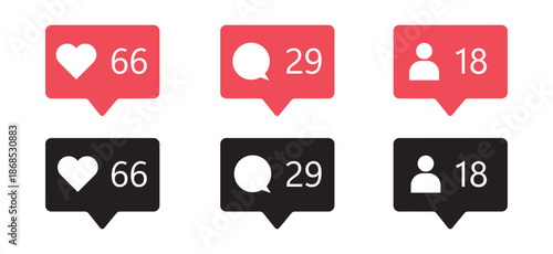 Social media notification icon set with message bubbles. Like heart, user profile and comment symbols for interface design, UI UX elements, alerts and feedback in social networks and mobile apps
