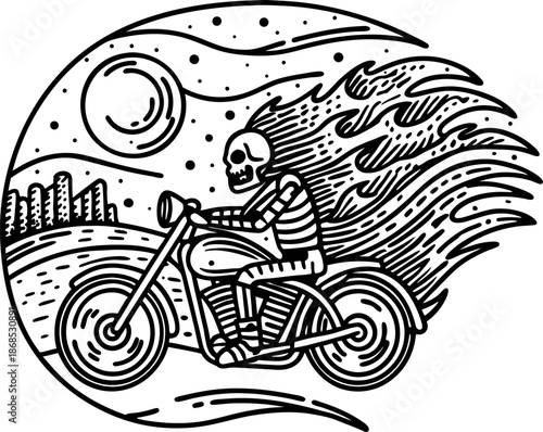 Skeleton riding a flaming motorcycle with cityscape and crescent moon in the night sky