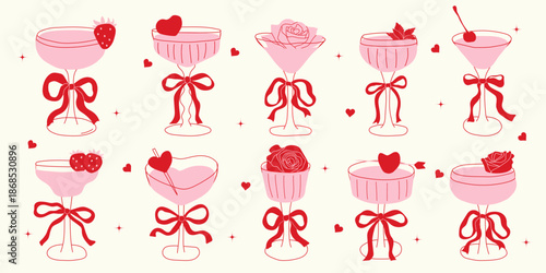 Valentine’s Day coquette cocktail illustration set. Hand drawn love drink with roses, strawberry and bows for greeting cards, wrapping paper, stickers, party invitations