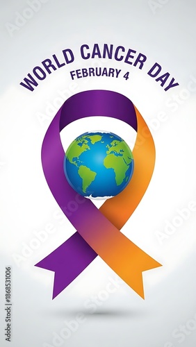 World Cancer Day Ribbon with Earth Globe Symbolizing Awareness and Hope on February 4