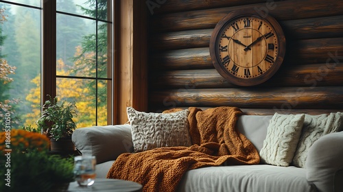 Rustic wooden wall clock hanging above a fireplace in a cozy living room with a woolen blanket draped over a couch and autumn leaves visible through the window