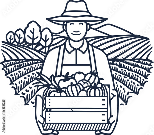 Farmer holding box of fresh vegetables with scenic farmland and trees in background