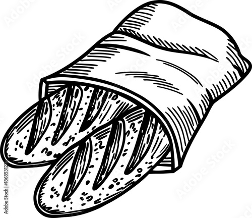 Freshly baked baguettes wrapped in paper bag with crusty texture and detailed loaf design