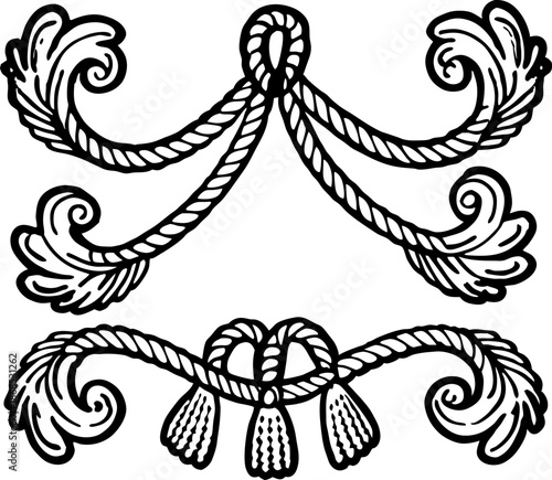 Decorative rope tassel ornaments with elegant swirls and knotted details in vintage
