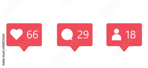 Social media notification icon set with message bubbles. Like heart, user profile and comment symbols for interface design, UI UX elements, alerts and feedback in social networks and mobile apps