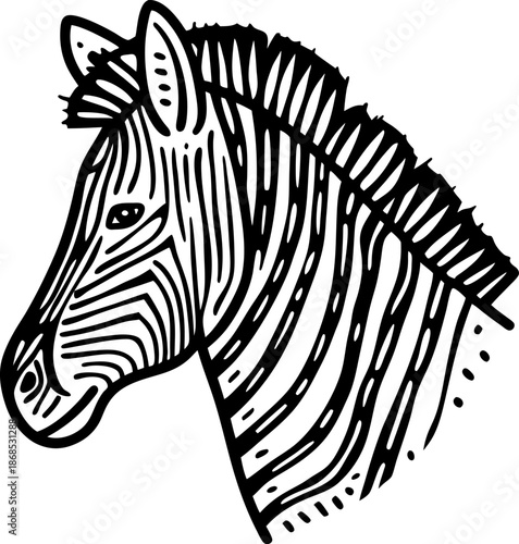 Zebra head drawing with bold black stripes and detailed mane illustration in a side profile
