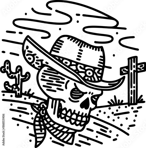 Skull wearing a cowboy hat with bandana in desert scene with cactus and cross