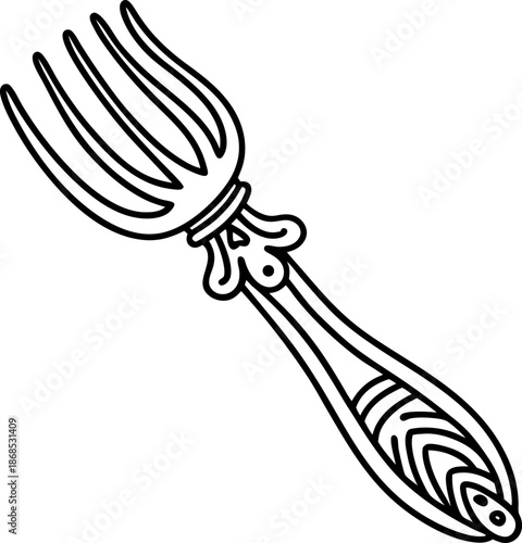 elegant vintage fork with ornate handle design, classic cutlery illustration for dining and kitchen use