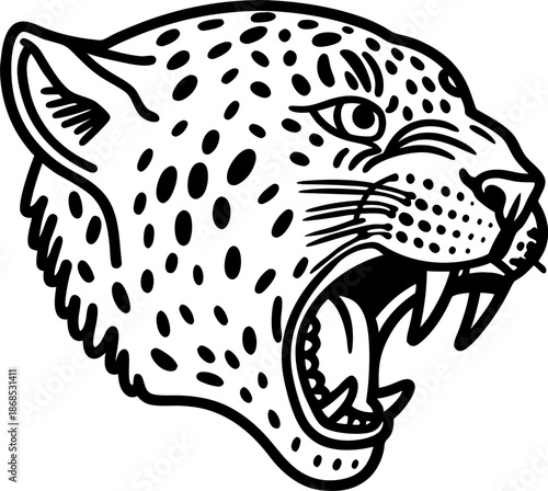 Roaring leopard head with open mouth showing sharp teeth and fierce expression