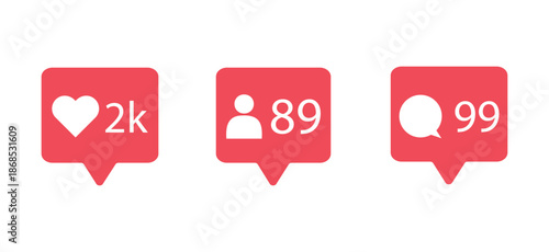 Social media notification icon set with message bubbles. Like heart, user profile and comment symbols for interface design, UI UX elements, alerts and feedback in social networks and mobile apps
