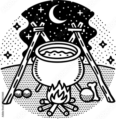 Witch's cauldron boiling over campfire under night sky with crescent moon and stars