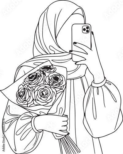 Minimalist Hijabi Woman Line Art Mirror Selfie with Roses Bouquet