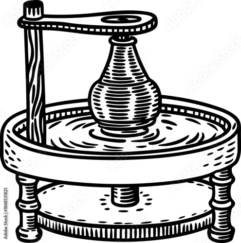 ancient pottery wheel with clay vase in the center, traditional ceramic shaping tool