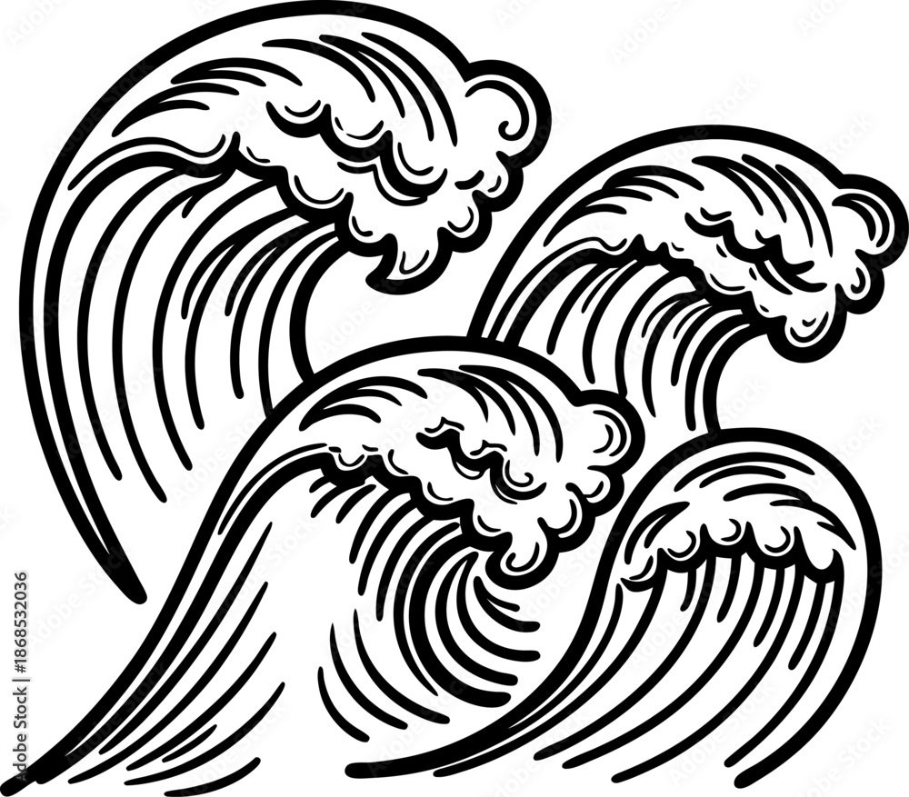 Fototapeta premium stylized ocean waves illustration with dynamic curling water and foam crest