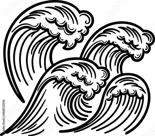 stylized ocean waves illustration with dynamic curling water and foam crest