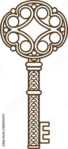 Intricate vintage key illustration with ornate decorative details and filigree design