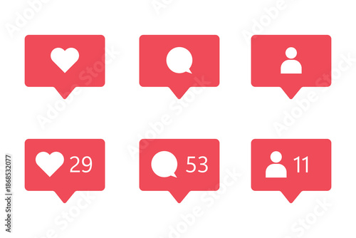 Social media notification icons set. Includes like, comment, and follow symbols. Flat vector illustration for apps, websites, and user interface design.Social media notification icons set.