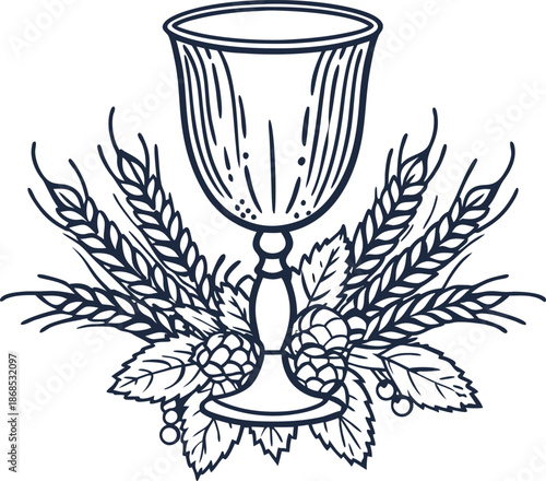 Chalice with wheat ears and hop cones illustration for brewing and harvest concept
