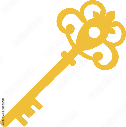 golden key icon with ornate details on transparent background