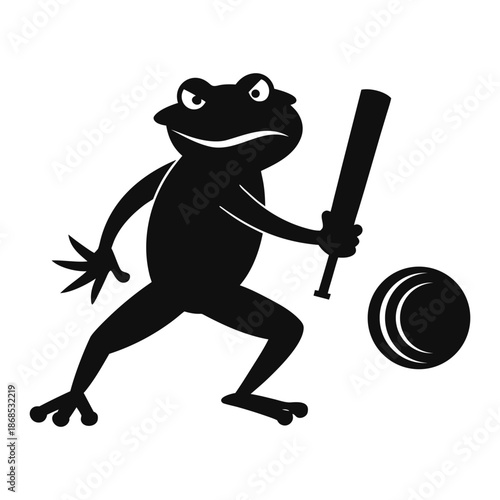 Silhouette image of a frog confidently playing cricket with a bat