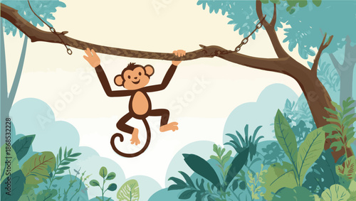 Cute cartoon monkey hanging from a tree branch in the jungle