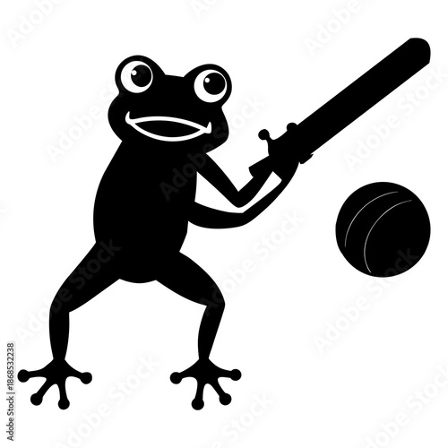 Silhouette image of a frog confidently playing cricket with a bat