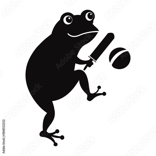 Silhouette image of a frog confidently playing cricket with a bat