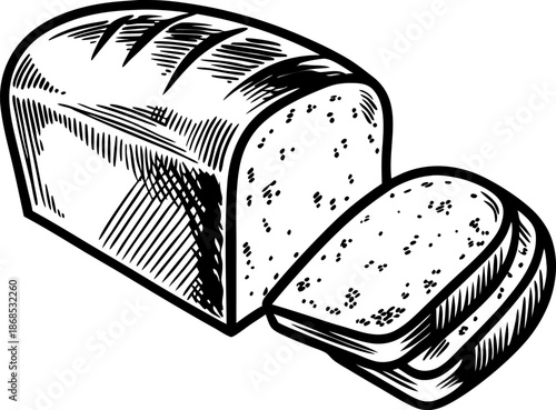 Loaf of bread with sliced pieces, vintage black and white drawing
