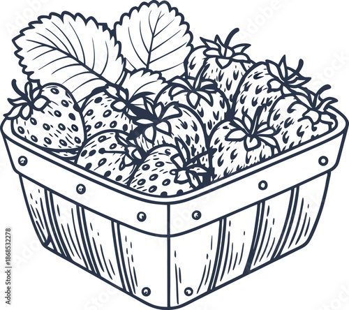 Basket of fresh strawberries with leaves hand drawn fruit illustration for natural and healthy food concepts