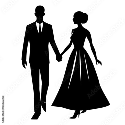 Silhouette illustration of a romantic couple walking hand in hand