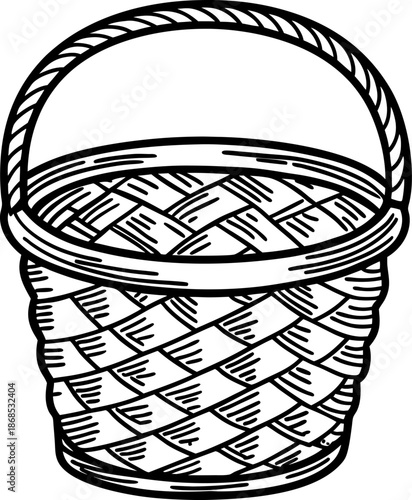 Woven picnic basket with handle hand drawn empty container for carrying and storage