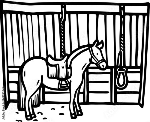 Horse standing in stable with saddle hanging on its back and bridle on head, barn interior