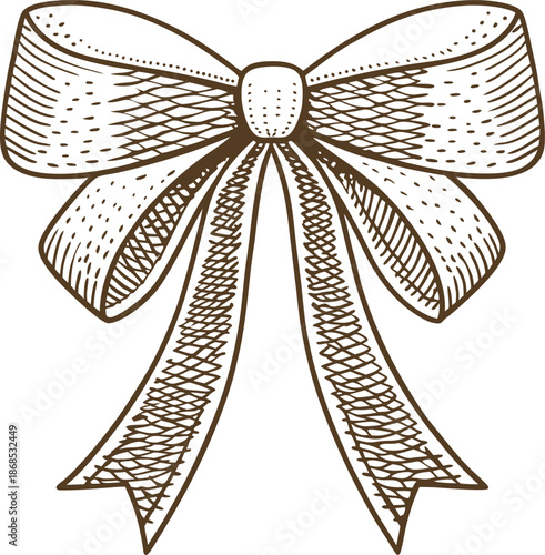 Hand drawn decorative ribbon bow with detailed crosshatch shading and realistic folds
