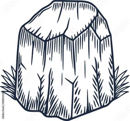 hand drawn rock stone with grass natural outdoor element sketch illustration
