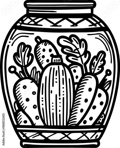 jar filled with pickled cucumbers and herbs in hand drawn