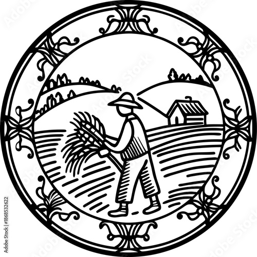 Farmer harvesting crops in rural field with hills and farmhouse scenic illustration