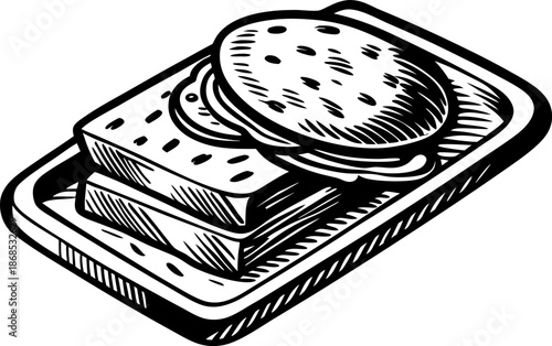 breakfast platter with toast and fried egg on rectangular plate, hand drawn sketch