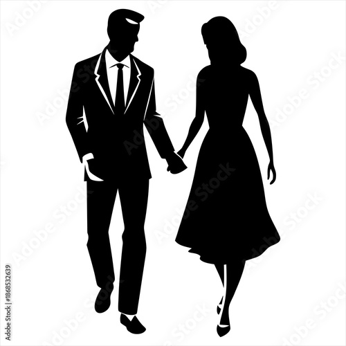 Silhouette illustration of a romantic couple walking hand in hand