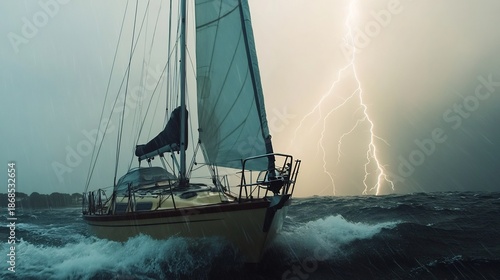 Sailboat in a thunderstorm its sails tattered and bending under fierce winds as rain pours down lightning striking nearby The scene captures the thrill and danger of sailing through a storm