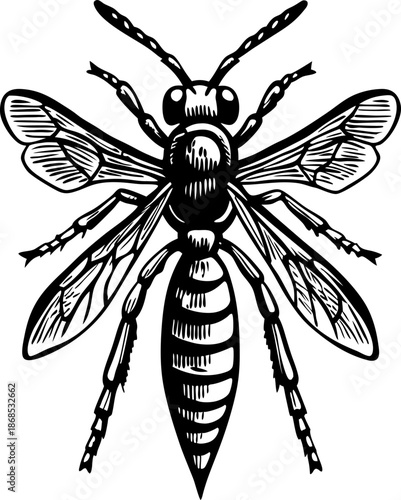 Intricate black and white wasp illustration with detailed wings and segmented body design